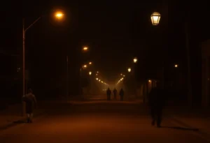 Street view of San Diego at night with ghostly figures