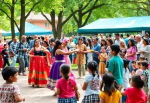 Community members celebrating Hispanic Heritage Month with traditional dance and art activities.