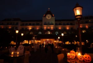 Hotel del Coronado decorated for Halloween with guests participating in festivities