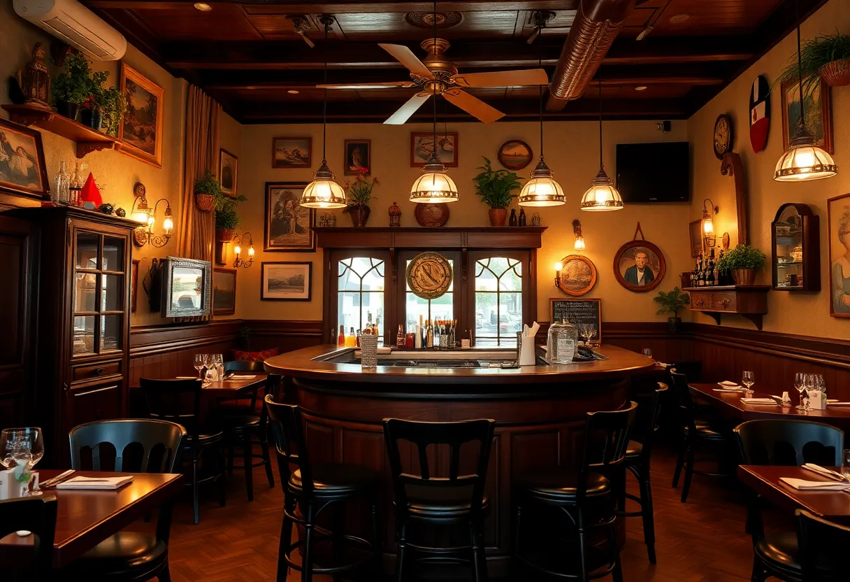 Interior of Island Pasta restaurant showcasing wooden bar and dining area