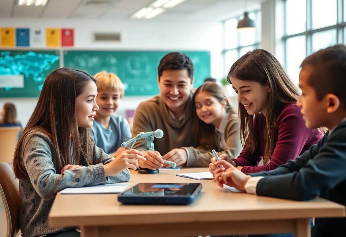 A classroom scene with students using AI tools for learning.