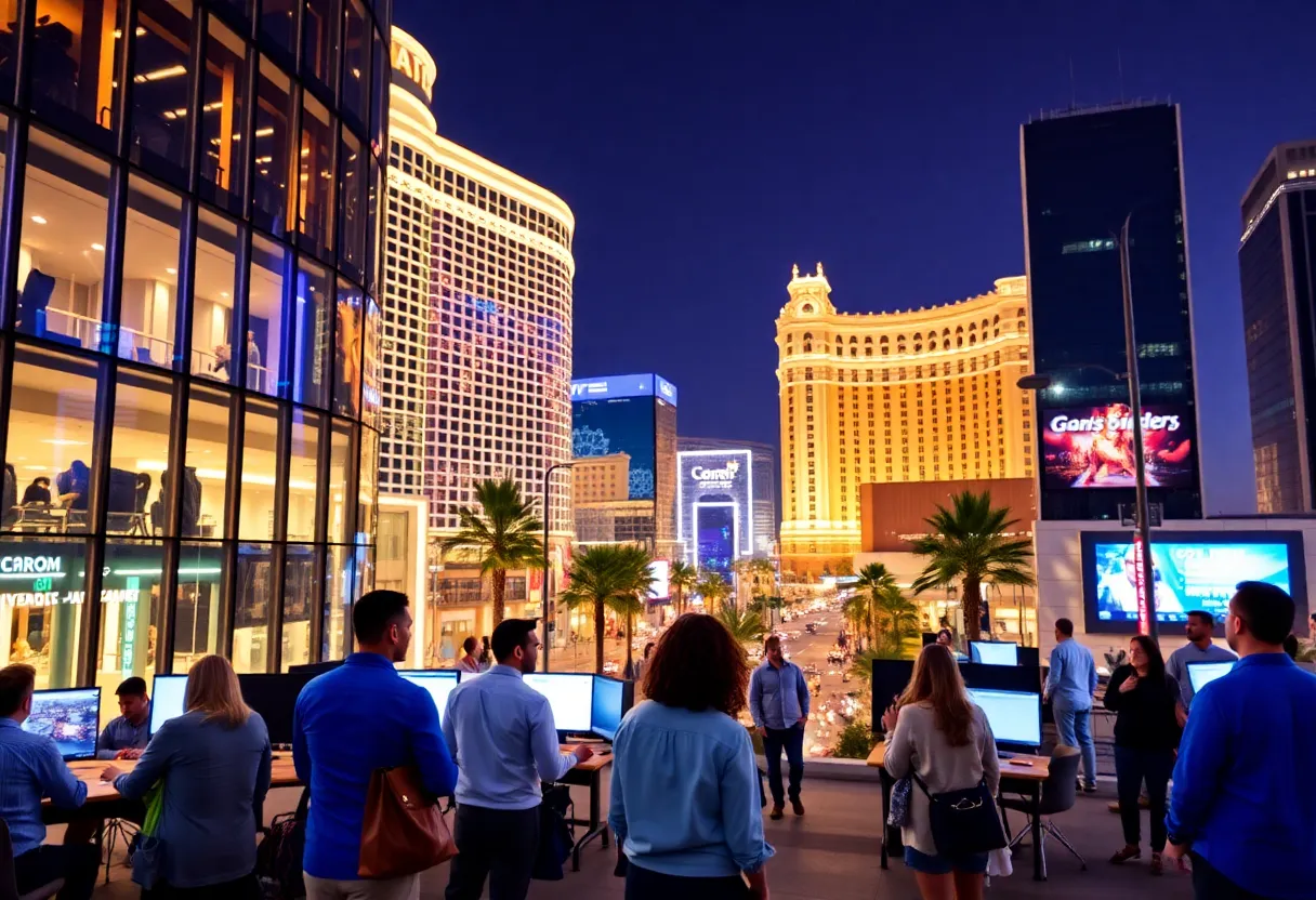 Cityscape of Las Vegas showcasing tech companies and modern buildings