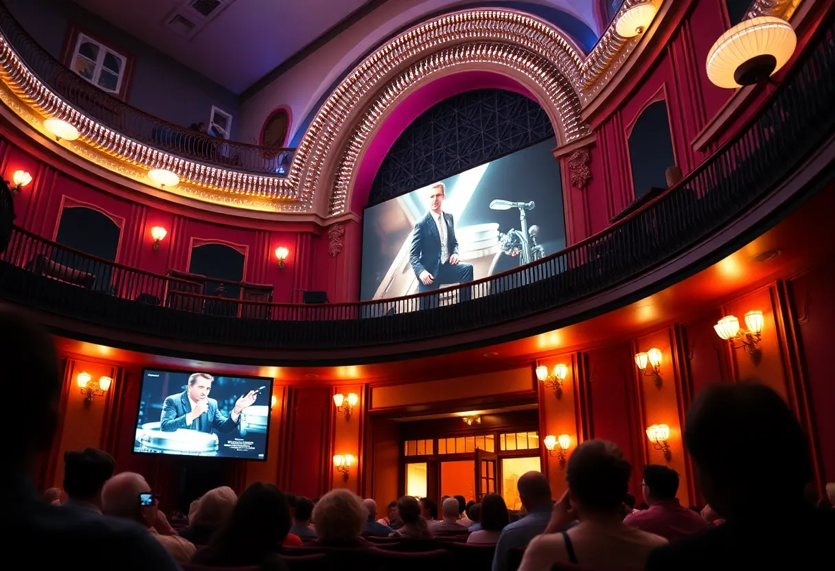 A classic film theater filled with an engaged audience enjoying a movie.