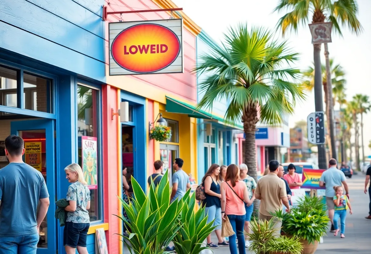 A colorful display of LGBTQ+ owned businesses in Long Beach with happy customers and vibrant decor.