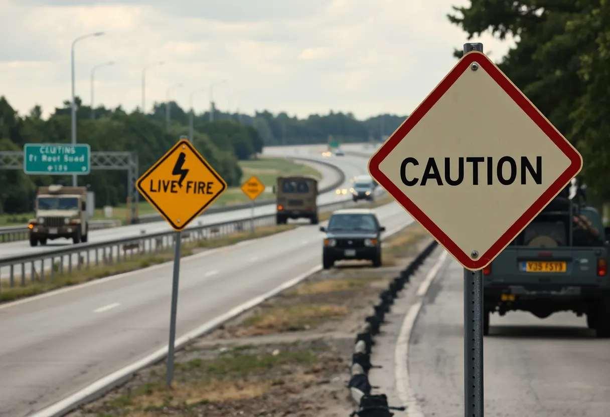 Military live-fire exercise with vehicles and highway signs highlighting safety warnings