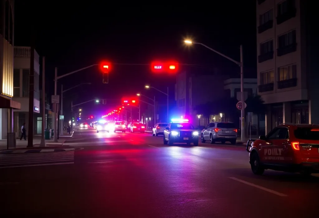 Long Beach street with police lights indicating a crime scene