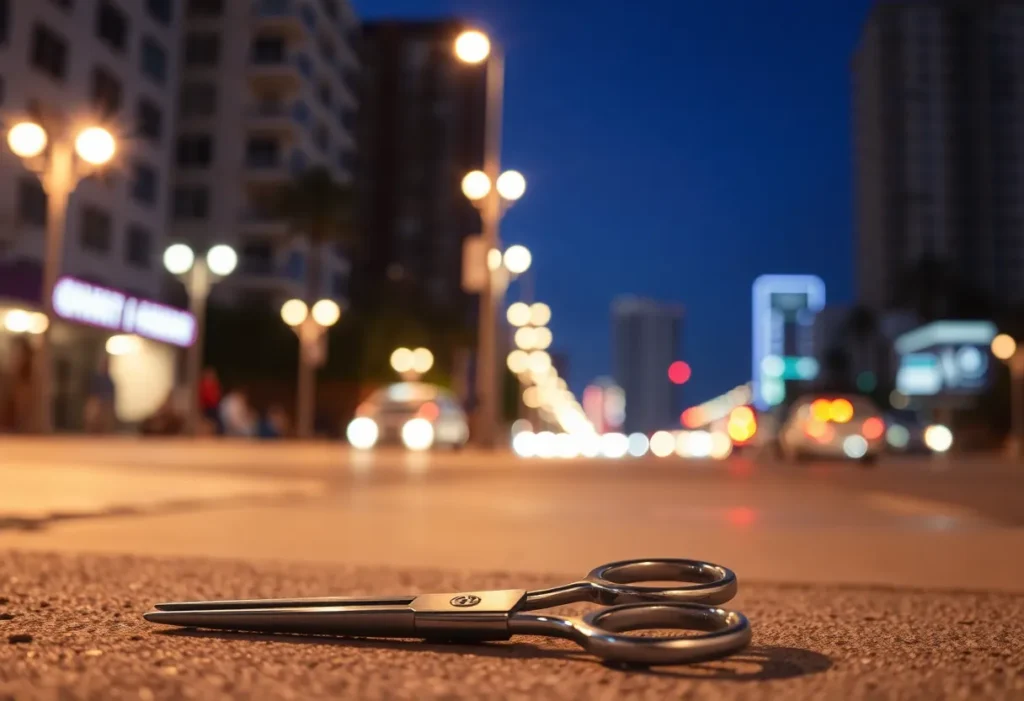 Night scene in Miami Beach with scissors on the ground
