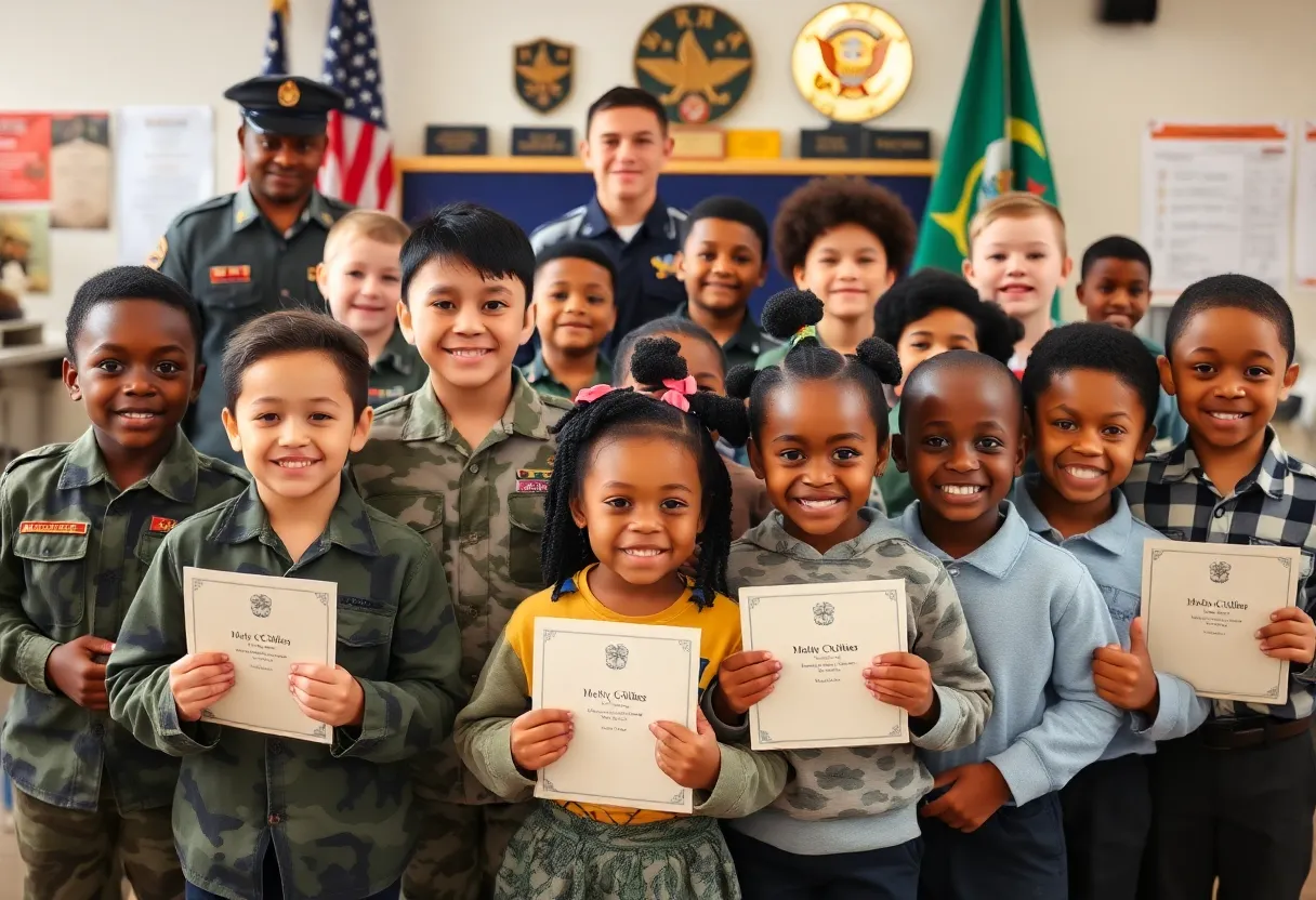 Military children celebrating their accomplishments with awards in a community setting.