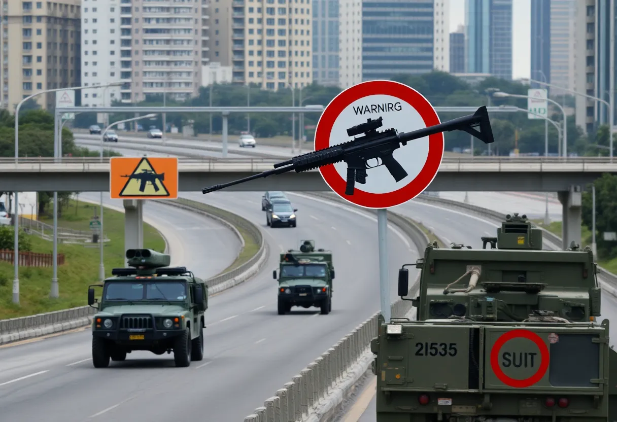 Military drill displaying safety signs on a freeway.