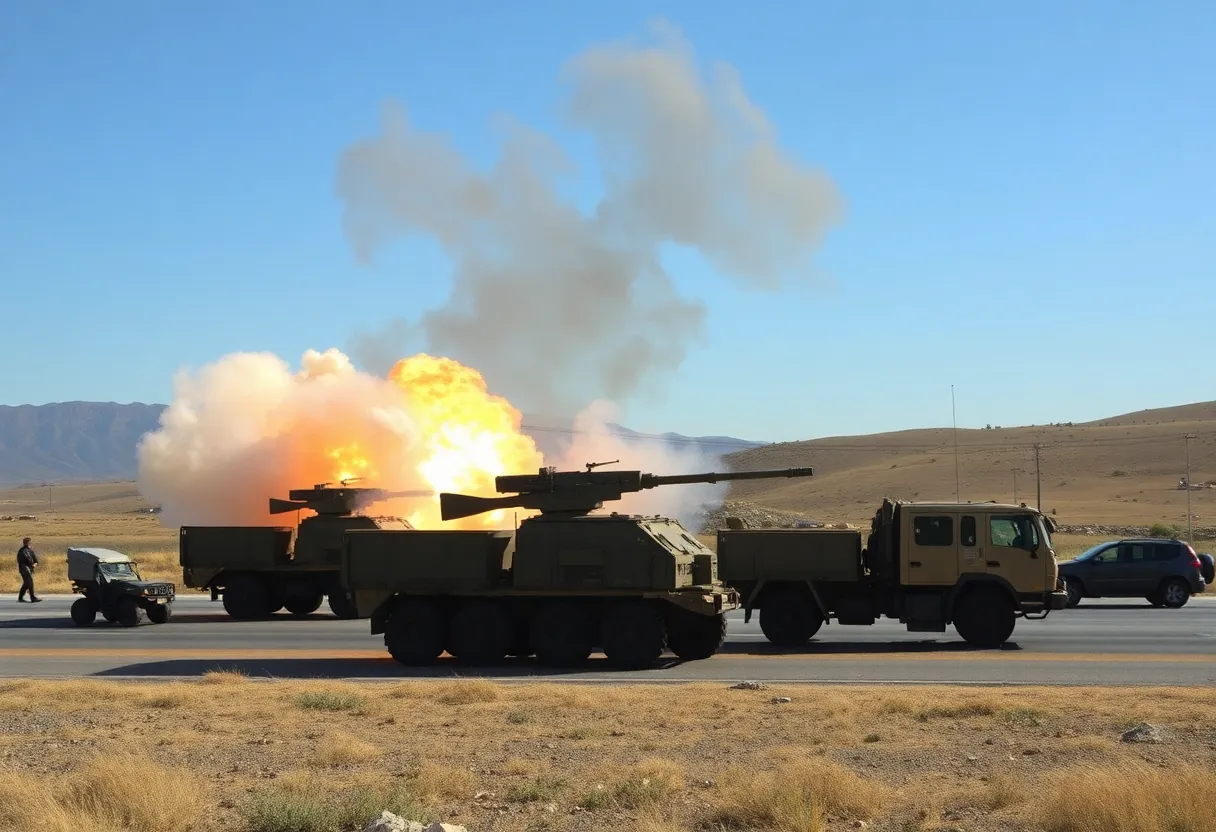 Live-fire exercise showing military activity near a highway
