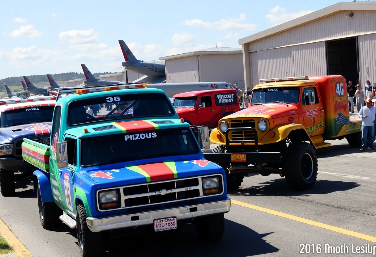 Street race at Naval Base Coronado featuring NASCAR trucks and military aircraft