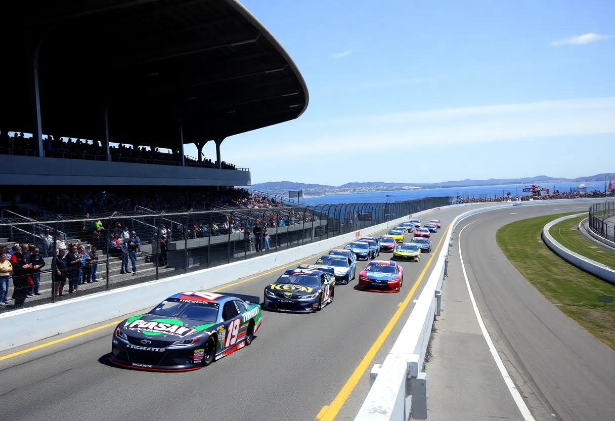 NASCAR race cars competing at Naval Base Coronado with San Diego skyline in the background