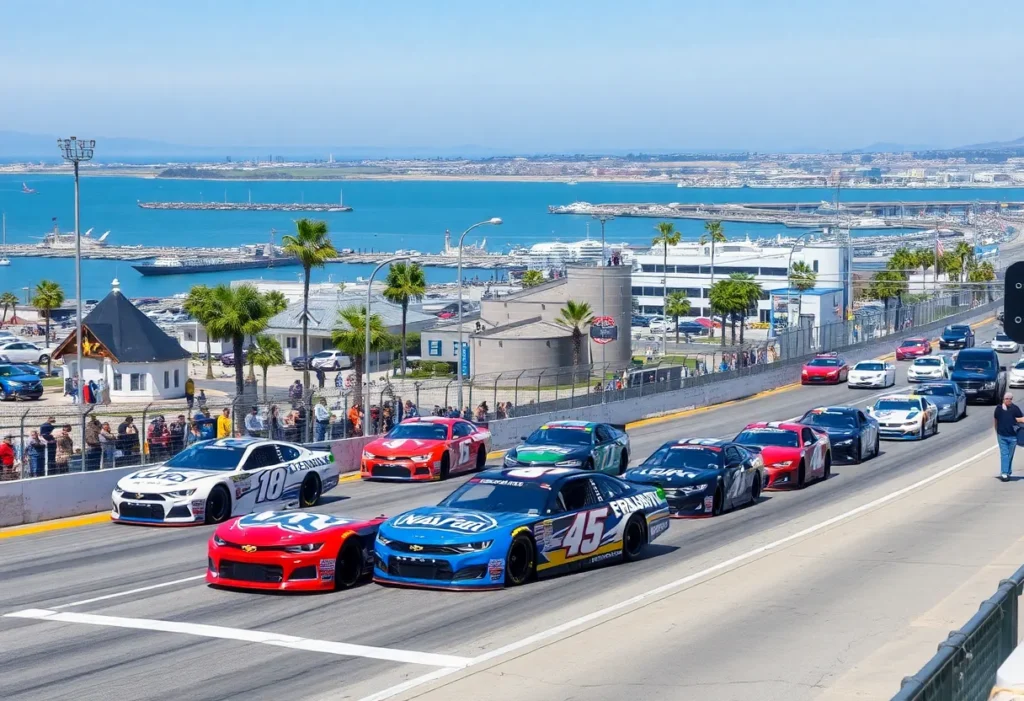 NASCAR cars racing on a street course with San Diego Bay in the background.