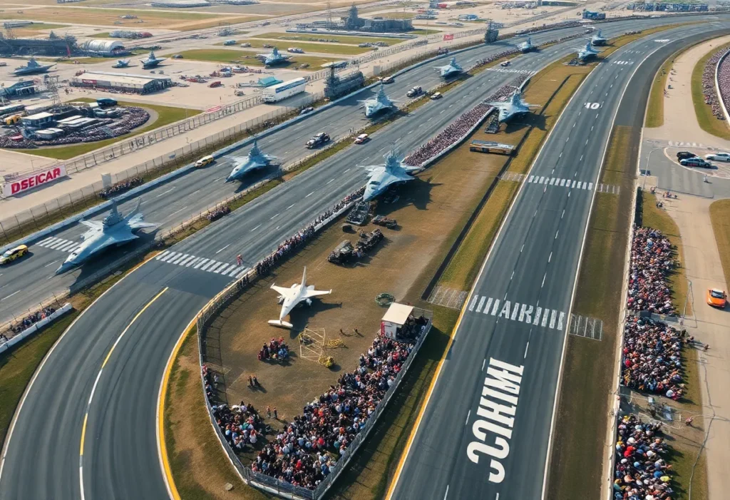 Aerial view of NASCAR street course with aircraft carriers in the background