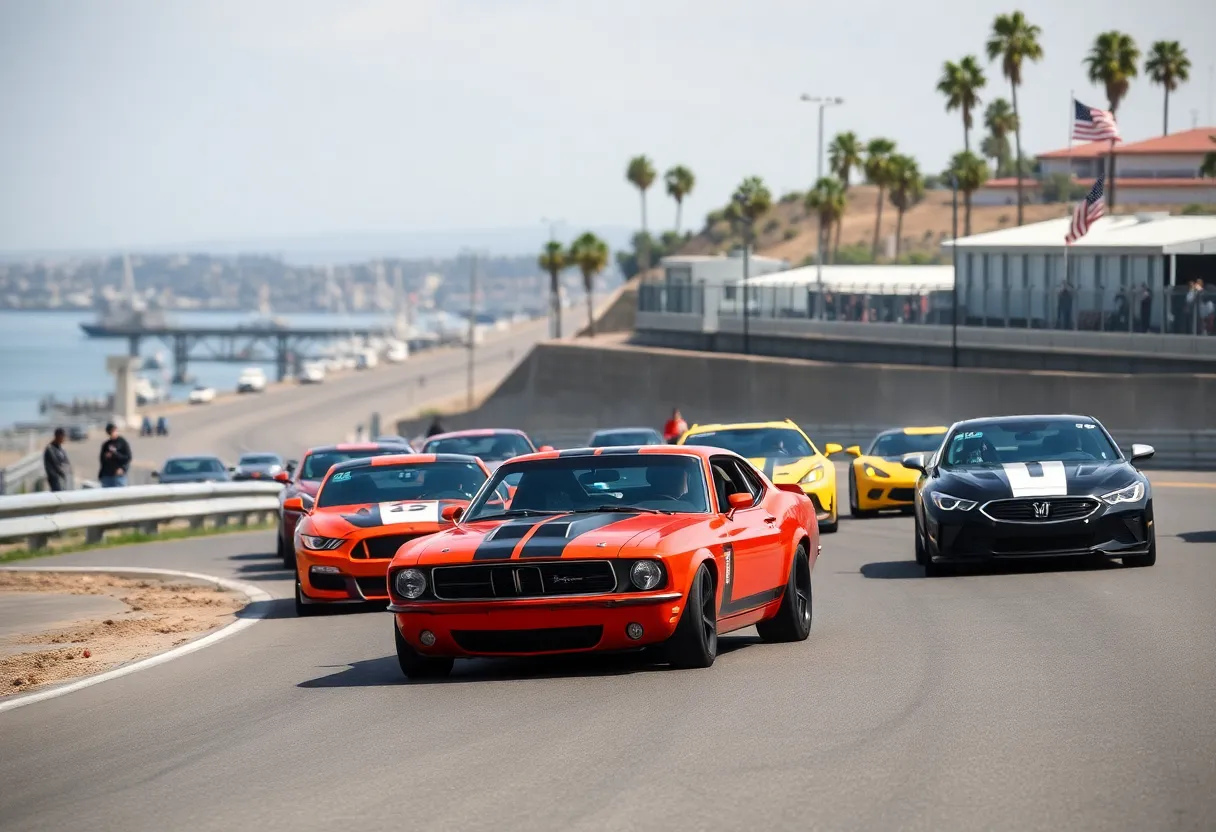 Race cars on a coastal street circuit in San Diego during NASCAR Weekend