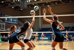 Oregon State Beavers volleyball players in action during a match