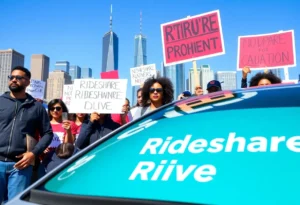 Rideshare drivers holding union signs in a protest for their rights