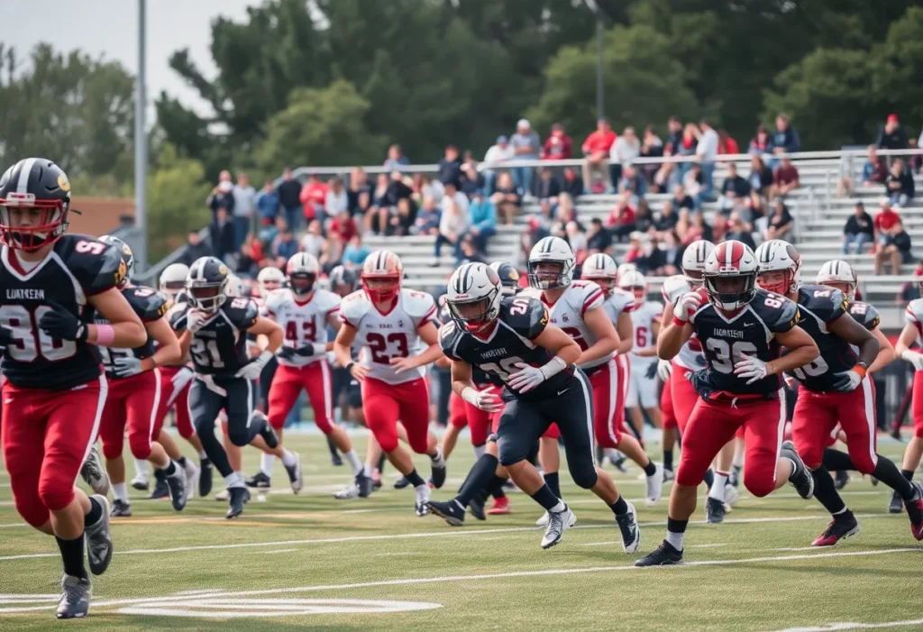 High school football players competing during a game
