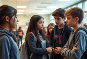 Students in a school hallway discussing bullying issues