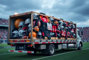 Truck loaded with SDSU football equipment at the stadium