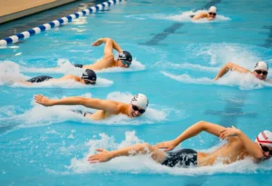 Swimmers competing in a dual meet at USD Sports Center Pool