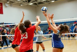 SDSU women's volleyball team in action during a game