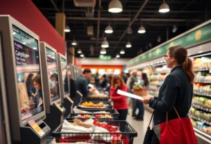 Employee monitoring self-checkout stations in a grocery store