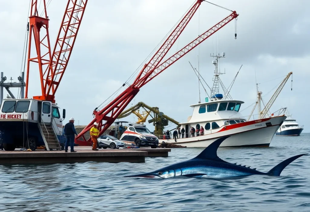 Scene of crane collapse at Shelter Island with emergency responders and a fishing boat.