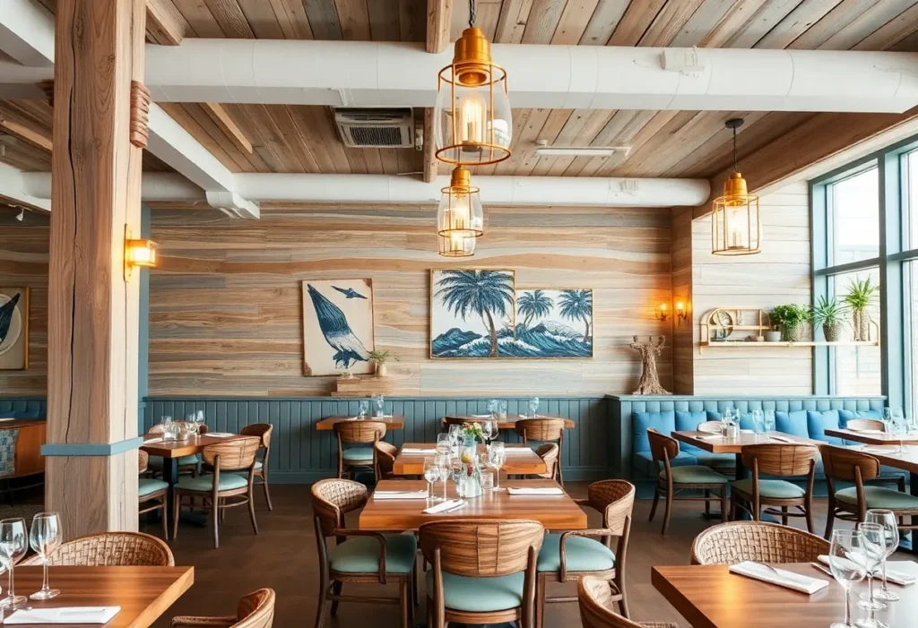 Interior view of Shorelight Restaurant at Sheraton San Diego Resort, showcasing coastal design elements.