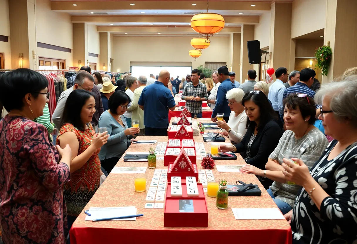 People enjoying a community fundraising event with shopping and entertainment.