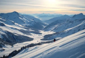 A picturesque ski landscape with snow-covered mountains.