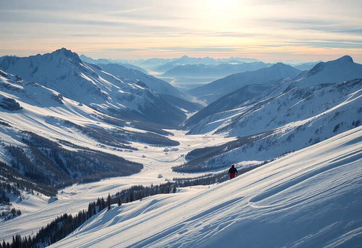 A picturesque ski landscape with snow-covered mountains.