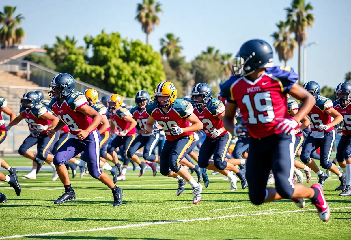 High school football players in action during a league game in Southern California.
