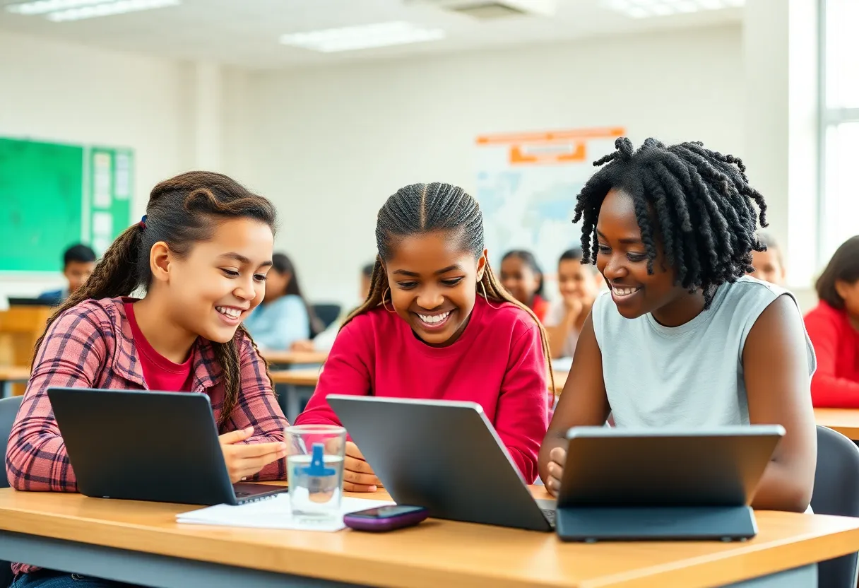 Diverse group of students engaged in digital skills training