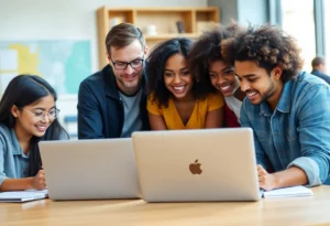 Diverse college students collaborating on digital skills training activities.