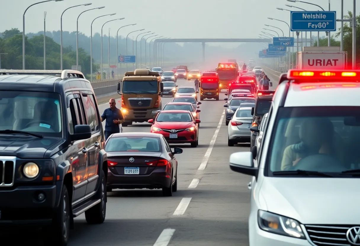 Emergency vehicles at a traffic jam caused by an artillery explosion