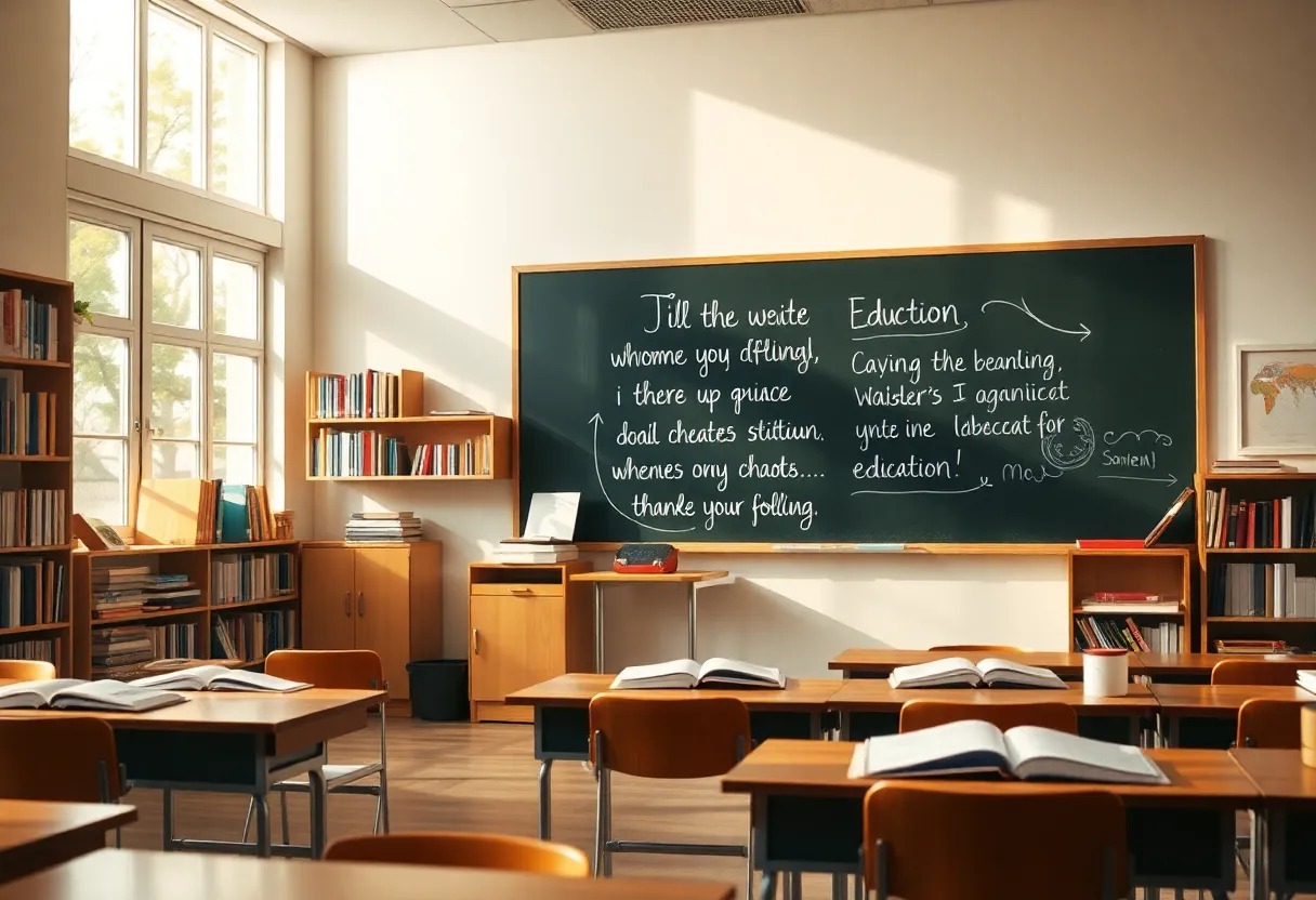 A classroom filled with books and inspiring quotes on the chalkboard.