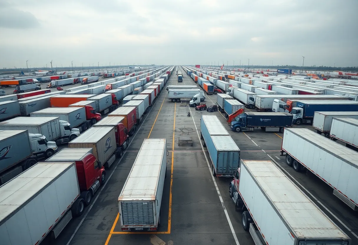Trucks parked at a logistics center showcasing impact of layoffs