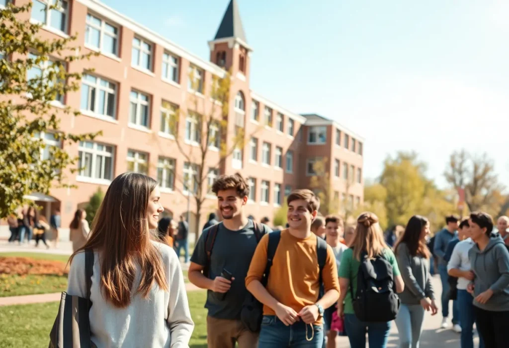 Vibrant university campus with students working together outdoors