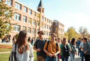 Vibrant university campus with students working together outdoors