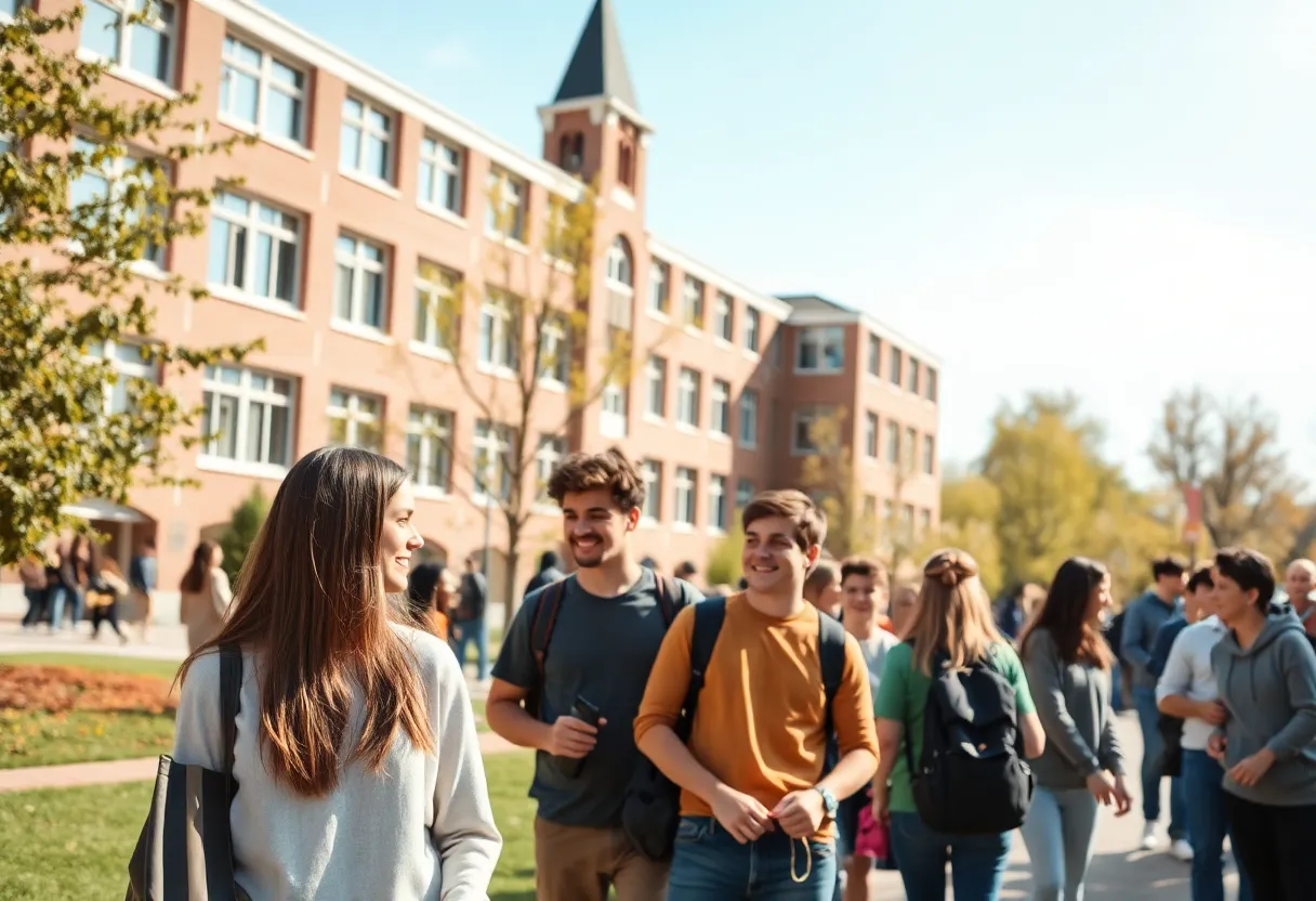 Vibrant university campus with students working together outdoors