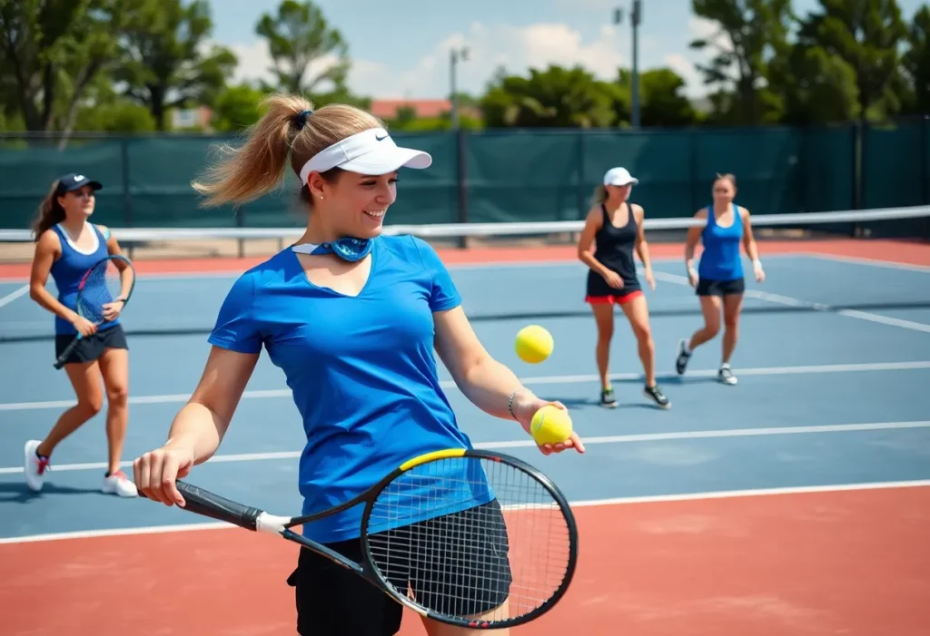 University of San Diego Women's Tennis Team practicing on court