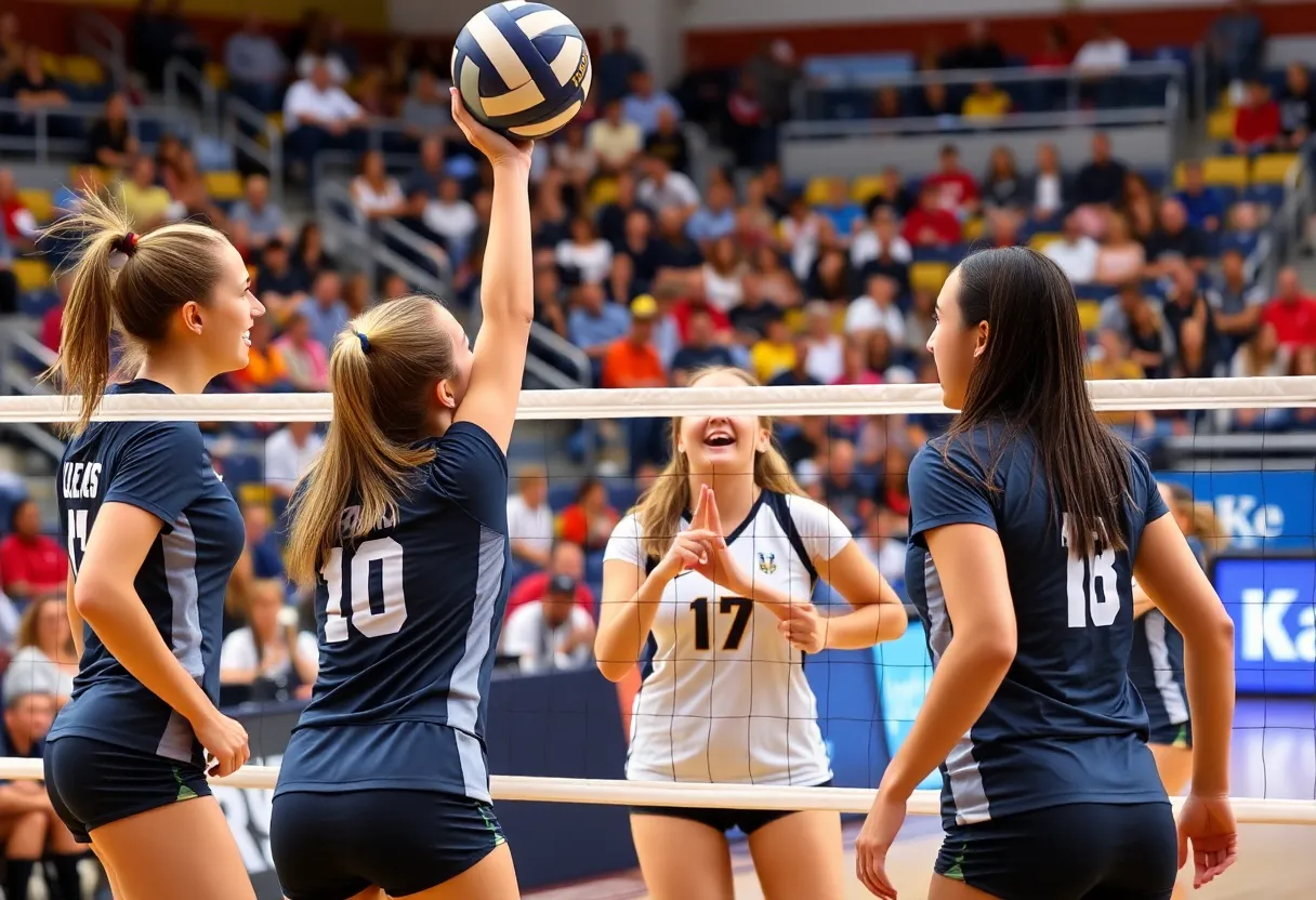 Collegiate women's volleyball team competing on the court